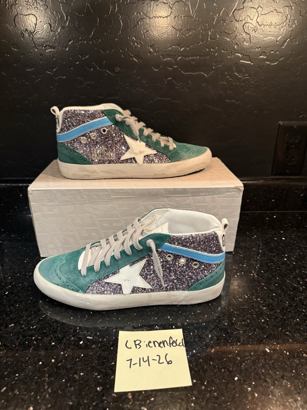 Golden Goose NEW IN BOX Green Suede Silver Glitter Blue Swoosh Midstars Size 39